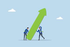 Teamwork effort to help growing business, team members in business assist in elevating arrow on graph. vector