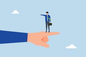Employee conflict direction, small entrepreneur perched on enormous hand gesturing in the opposite way. vector