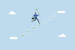Progression from start to success, entrepreneur follow checklist to advance toward goal. vector