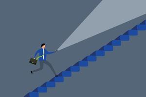 Flashlight to see opportunity, confidence entrepreneur with a flashlight or torch ascending the staircase. vector