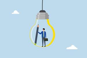 Creative idea, inventive individual grasping a pencil contemplates an idea represented by a lightbulb. vector