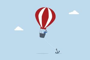 Problem or trouble to prevent business to grow up, exasperated entrepreneur gazes at the heavy anchor holding down his balloon to stop it from ascending. vector
