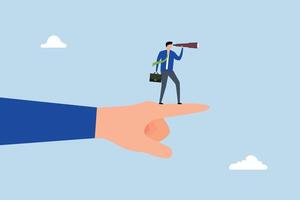 Vision to see business direction, entrepreneur using large finger with binoculars to observe future. vector