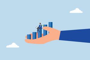 Business support, intelligent entrepreneur using computer on expansion chart in enormous hand. vector