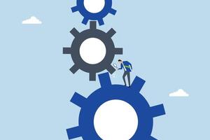 Analyze problem to fix the process, clever entrepreneur chief using a magnifying glass to examine gear issues. vector