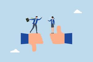 Conflict and argument between colleagues, businessman and woman angrily debating over the distinction between thumbs up and down. vector