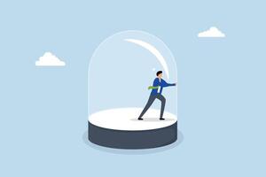 Business constraints, businessman within the glass makes a strong effort to shatter limitations. vector