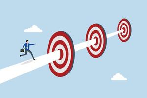 challenge to achieve targets and business goals, confidence entrepreneur navigating an arrow path towards goals. vector