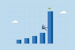 Effort to reach target, determined entrepreneur ascends chart and graph to reach the peak of tall bar. vector