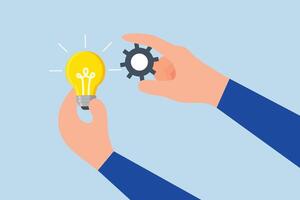Implement business idea, entrepreneur grasping lightbulb concept integrating gear to bring it to life. vector