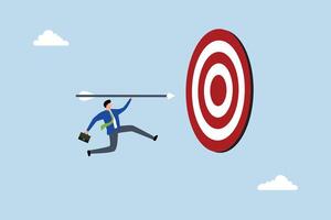 Focus on business goal, confident entrepreneur tossing a dart leaping straight to the dartboard bullseye. vector