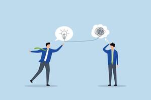 Problem solving skill to think of solution, perplexed entrepreneur with disorganized thoughts while others provide brilliant solutions. vector