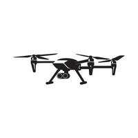 Drone silhouette, quad copter, black and white illustration, side view, sleek design, propellers, camera attachment, vector