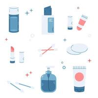 A collection of skincare items set, including cotton swabs, bottles, and lip balms in a fun flat style. Perfect for creating unique branding, digital stickers, and product packaging. vector
