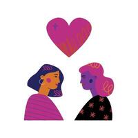 Two women in love, looking into each other's eyes, with a big heart above them. A symbol of connection, tenderness and partnership. vector