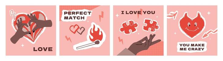 A collection of social media post templates for Valentine's Day with collage textured and hand-drawn elements and typography. vector