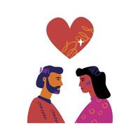 A man and a woman in love, looking into each other's eyes, with a big heart above them. A symbol of tenderness, union of two people and affection. vector