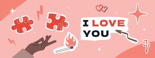A template for a horizontal banner for Valentine's Day with a hand and puzzle pieces above it, lightning, a burning match, arrows and various doodles. A collage-style layout. vector