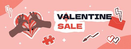 A horizontal banner template for a Valentine's day sale with a textured heart, hand gestures and various doodle elements. A collage-style layout. vector