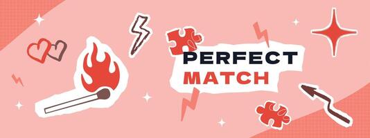 A horizontal banner template for Valentine's day with a burning match, lightning, puzzles and various doodle elements. A collage-style layout. vector