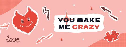 Horizontal banner template for Valentine's day with a smiling textured heart, lightning bolts, arrows and various doodle elements. A collage-style layout. vector