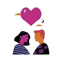 A doodle of a man and a woman looking into each other's eyes with a big heart above them. A symbol of love, connection and intimacy. vector
