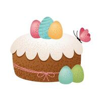 Easter Cake with Speckled Eggs. Holiday Easter dessert with icing, decorated with colorful eggs and a pink butterfly isolated on white background. For greeting card, invitation, poster, print. vector