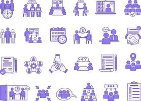 Colored Meeting Icon Set. Icons Seminar, Schedule, Presentation, Interview, Collaboration, Team, Online Meeting, Consultation, Discussion, Meeting Time, Business Meeting, and More vector