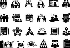 Black Meeting Icon Set. Icons Seminar, Schedule, Presentation, Interview, Collaboration, Team, Online Meeting, Consultation, Discussion, Meeting Time, Business Meeting, and More vector