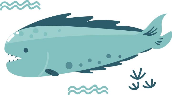 A cartoon fish with a big mouth and a wave