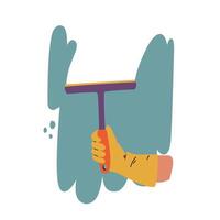 A yellow-gloved hand holds a window scraper. vector