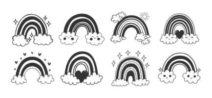 Set of doodle rainbow characters with clouds and hearts. Icons, hand drawn illustrations vector