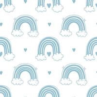 Seamless pattern with rainbows with clouds and hearts. Cute pastel background vector