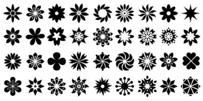 Black flower set features abstract floral design silhouettes and geometric patterns. It is ideal for decoration, logos, and design projects. Includes minimalist botanical elements vector