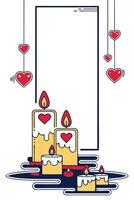 Heart-shaped candles float gently on calm water, casting a warm glow, with soft reflections and a serene background providing space for text. vector