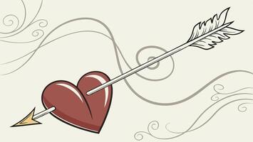 A stylized golden cupids arrow piercing a glossy red heart, hovering on a soft, neutral gradient. Elegant composition with space for text. vector