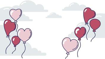 A series of shiny red and pink heart balloons drifting gracefully against a soft pastel sky, forming a dreamy and romantic scene with open space for text. vector
