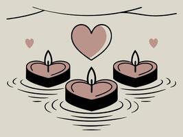 Floating heart-shaped candles casting a warm glow on a still water surface. The soft reflections and quiet background create an intimate atmosphere with copyspace. vector