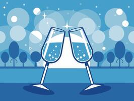 A toast between two sophisticated champagne glasses takes center stage, illuminated by a gentle bokeh glow, with a warm, out-of-focus background offering copyspace. vector