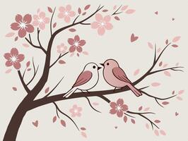 A sweet pair of lovebirds rests on a delicate cherry blossom branch, with gentle pink hues blending into a soft backdrop, leaving room for text. vector