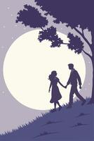 A silhouette of two lovers holding hands is framed by a glowing full moon, with a smooth gradient background blending into soft blues and purples, perfect for a message. vector
