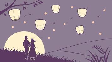 A peaceful moment as lanterns soar into the night, creating a romantic glow. vector