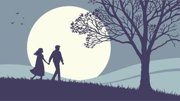 A romantic scene of a couple holding hands under a glowing full moon, with a quiet gradient background fading into soft blues and purples, leaving space for text. vector