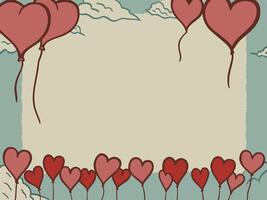 A row of glossy red and pink heart-shaped balloons gently floating across a soft pastel sky, creating a light and romantic atmosphere with space for text in the center. vector