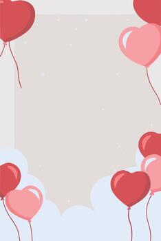 A row of vibrant heart balloons in red and pink hues gently soaring through a soft pastel sky, creating an airy and romantic mood with room for text in the middle. vector
