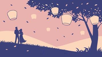 A collection of glowing lanterns moves slowly upward at dusk. vector