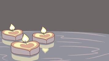A cluster of heart candles gently flickers on calm water, casting delicate reflections, with a quiet, blurred background perfect for text placement. vector