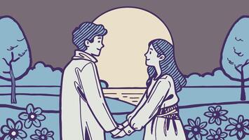 Under the gentle glow of a full moon, a couple holds hands, silhouetted against a peaceful gradient background that fades into soothing blues and purples, leaving room for a message. vector