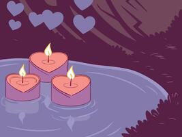 Heart-shaped candles glow warmly as they float on a peaceful body of water, with soft reflections and a subtle background offering ample copyspace. vector