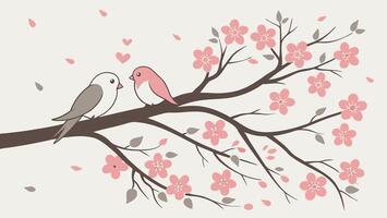 Nestled among cherry blossoms, a pair of lovebirds sits peacefully, with a muted backdrop providing negative space for a romantic greeting. vector